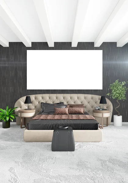 Beyaz yatak odası en az stil iç tasarım ahşap duvar ve gri Kanepeli. 3D render. 3D çizim