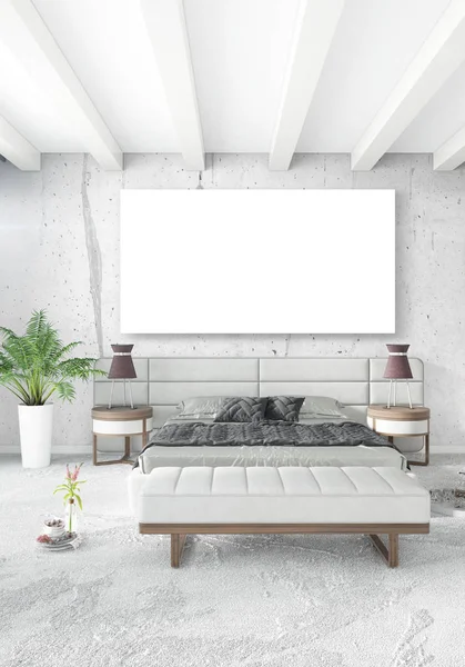 Beyaz yatak odası en az stil iç tasarım ahşap duvar ve gri Kanepeli. 3D render. 3D çizim