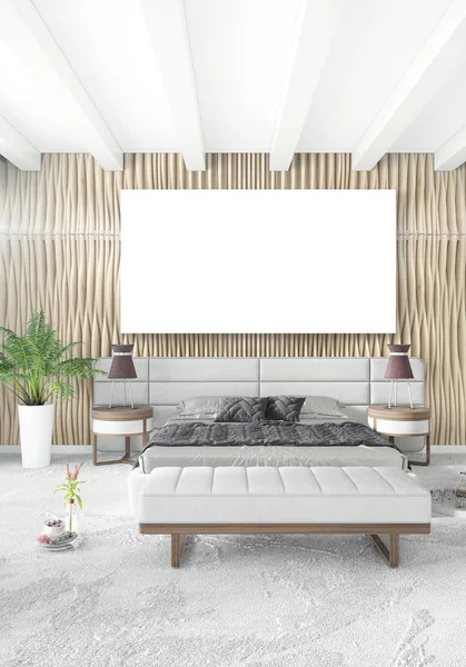 Beyaz yatak odası en az stil iç tasarım ahşap duvar ve gri Kanepeli. 3D render. 3D çizim