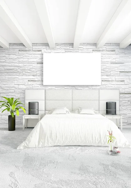 Beyaz yatak odası en az stil iç tasarım ahşap duvar ve gri Kanepeli. 3D render. 3D çizim