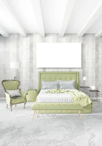 Beyaz yatak odası en az stil iç tasarım ahşap duvar ve gri Kanepeli. 3D render. 3D çizim