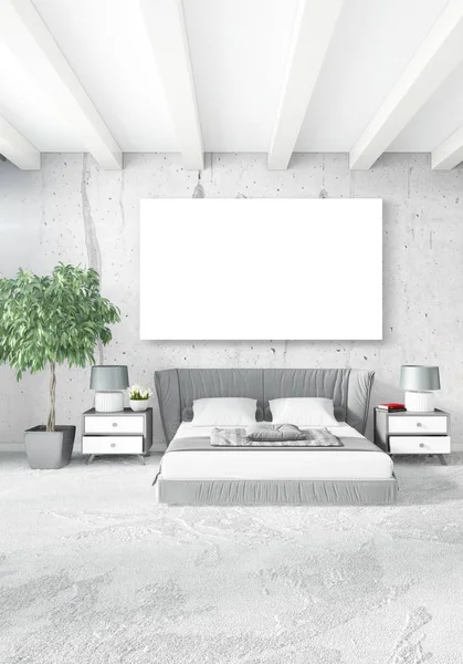 Beyaz yatak odası en az stil iç tasarım ahşap duvar ve gri Kanepeli. 3D render. 3D çizim