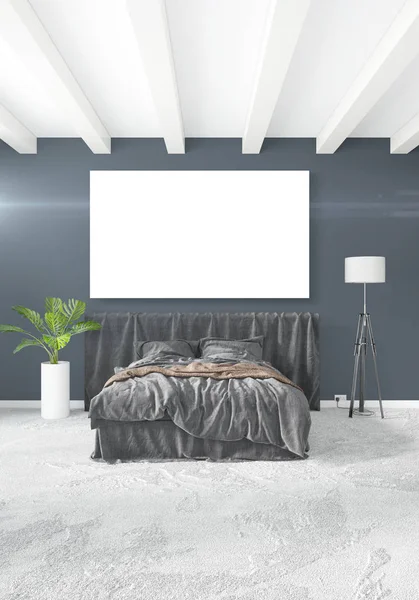 Beyaz yatak odası en az stil iç tasarım ahşap duvar ve gri Kanepeli. 3D render. 3D çizim