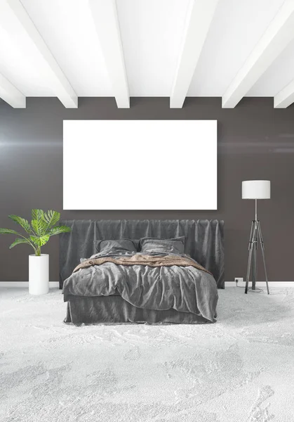 Beyaz yatak odası en az stil iç tasarım ahşap duvar ve gri Kanepeli. 3D render. 3D çizim