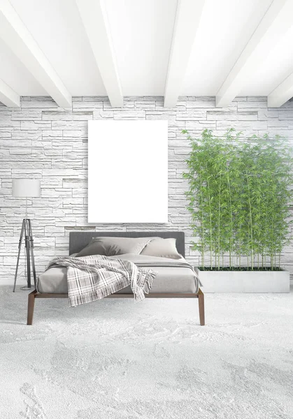Beyaz yatak odası en az stil iç tasarım ahşap duvar ve gri Kanepeli. 3D render. 3D çizim