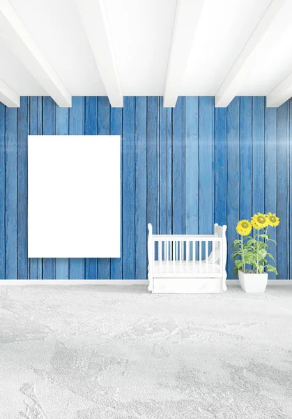 Beyaz yatak odası en az stil iç tasarım ahşap duvar ve gri Kanepeli. 3D render. 3D çizim