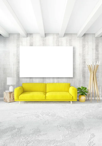 Beyaz yatak odası en az stil iç tasarım ahşap duvar ve gri Kanepeli. 3D render. 3D çizim