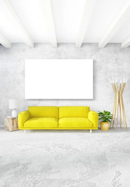 Beyaz yatak odası en az stil iç tasarım ahşap duvar ve gri Kanepeli. 3D render. 3D çizim