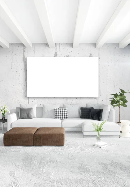 Beyaz yatak odası en az stil iç tasarım ahşap duvar ve gri Kanepeli. 3D render. 3D çizim