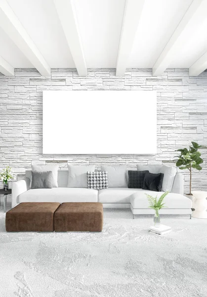 Beyaz yatak odası en az stil iç tasarım ahşap duvar ve gri Kanepeli. 3D render. 3D çizim