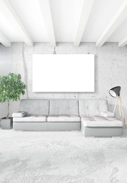 Kamar tidur putih desain minimal interior dengan dinding kayu dan sofa abu-abu. Perilisan 3D. Ilustrasi 3D — Stok Foto