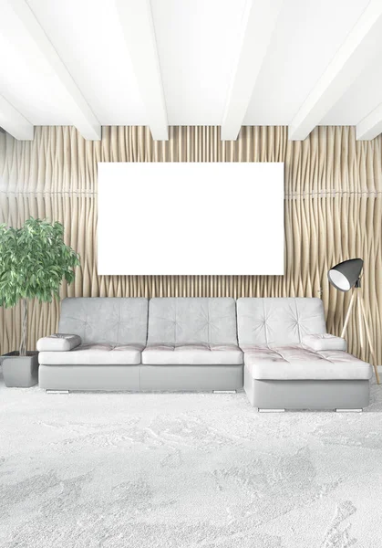 Beyaz yatak odası en az stil iç tasarım ahşap duvar ve gri Kanepeli. 3D render. 3D çizim