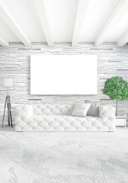 Beyaz yatak odası en az stil iç tasarım ahşap duvar ve gri Kanepeli. 3D render. 3D çizim