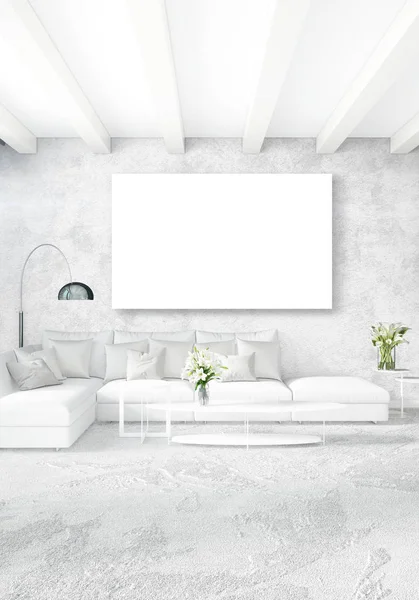 최소한의 스타일 화이트 침실 나무 벽과 회색 소파 인테리어 디자인. 3d 렌더링입니다. 3 차원 일러스트 레이 션 — 스톡 사진