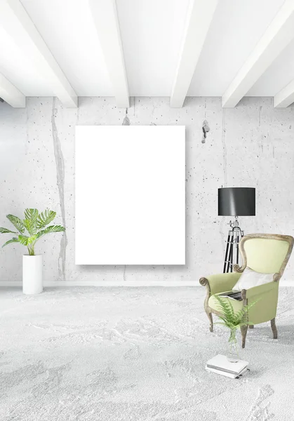 Beyaz yatak odası en az stil iç tasarım ahşap duvar ve gri Kanepeli. 3D render. 3D çizim