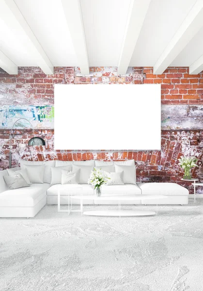 Beyaz yatak odası en az stil iç tasarım ahşap duvar ve gri Kanepeli. 3D render. 3D çizim