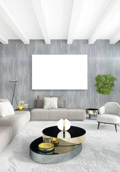 Beyaz yatak odası en az stil iç tasarım ahşap duvar ve gri Kanepeli. 3D render. 3D çizim