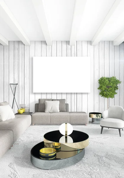 Minste interiørdesign med trevegg og grå sofa. 3D-gjengivelse. 3D-illustrasjon – stockfoto