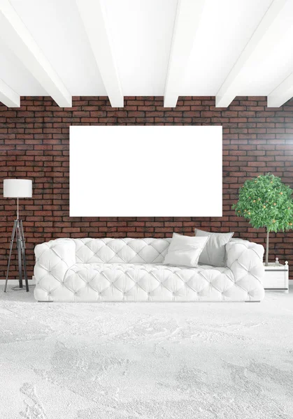 Beyaz yatak odası en az stil iç tasarım ahşap duvar ve gri Kanepeli. 3D render. 3D çizim