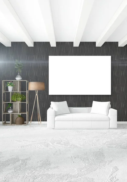 Beyaz yatak odası en az stil iç tasarım ahşap duvar ve gri Kanepeli. 3D render. 3D çizim