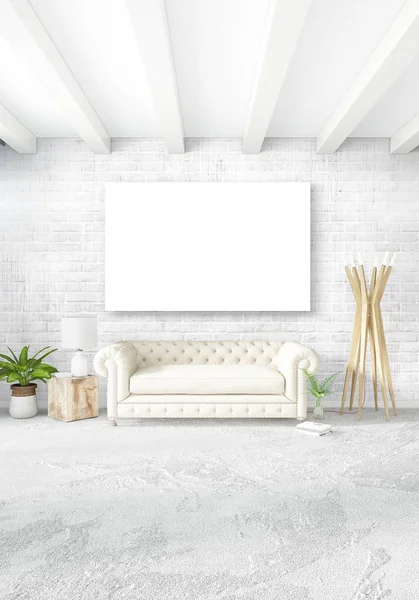 Beyaz yatak odası en az stil iç tasarım ahşap duvar ve gri Kanepeli. 3D render. 3D çizim