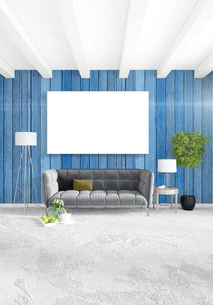 Beyaz yatak odası en az stil iç tasarım ahşap duvar ve gri Kanepeli. 3D render. 3D çizim