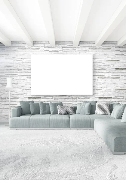 Beyaz yatak odası en az stil iç tasarım ahşap duvar ve gri Kanepeli. 3D render. 3D çizim