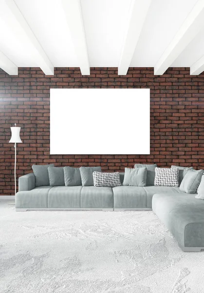 白色卧室最小风格室内设计，木墙和灰色的沙发。3d 渲染。3d 图 — 图库照片