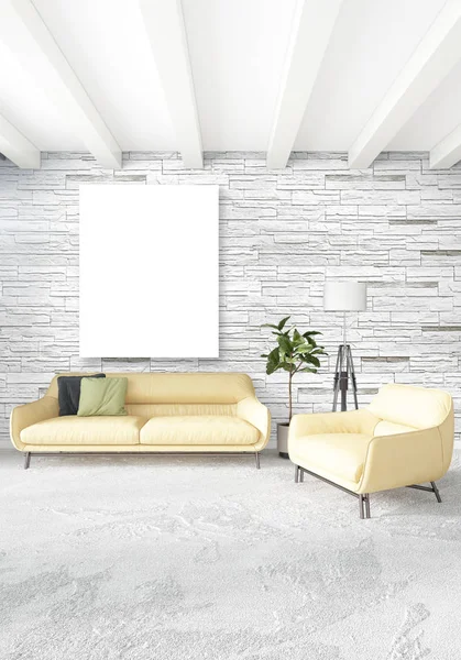 Beyaz yatak odası en az stil iç tasarım ahşap duvar ve gri Kanepeli. 3D render. 3D çizim