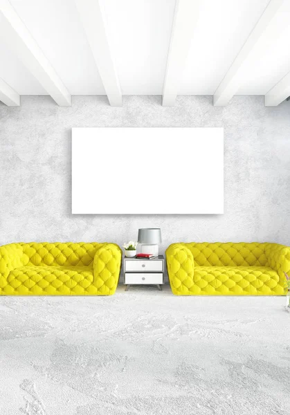 Beyaz yatak odası en az stil iç tasarım ahşap duvar ve gri Kanepeli. 3D render. 3D çizim