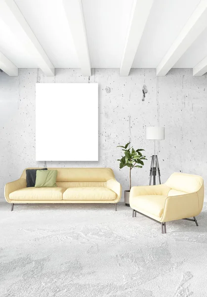 Dormitorio blanco de estilo minimalista Diseño interior con pared de madera y sofá gris. Representación 3D. Ilustración 3D — Foto de Stock
