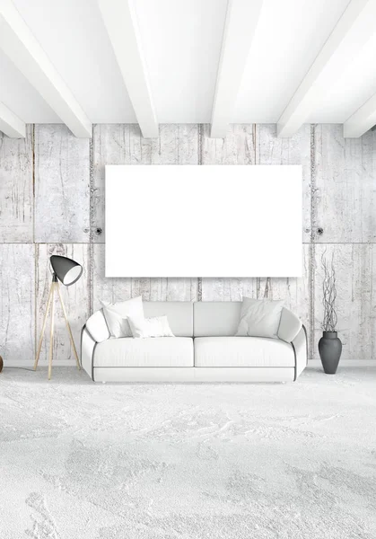 Beyaz yatak odası en az stil iç tasarım ahşap duvar ve gri Kanepeli. 3D render. 3D çizim