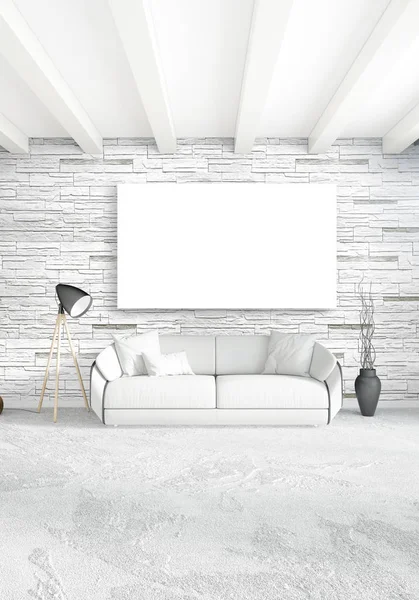 Beyaz yatak odası en az stil iç tasarım ahşap duvar ve gri Kanepeli. 3D render. 3D çizim