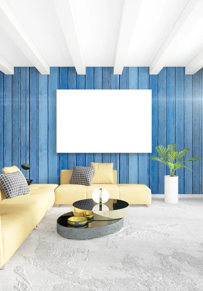 Beyaz yatak odası en az stil iç tasarım ahşap duvar ve gri Kanepeli. 3D render. 3D çizim