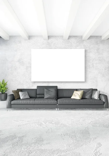 Beyaz yatak odası en az stil iç tasarım ahşap duvar ve gri Kanepeli. 3D render. 3D çizim