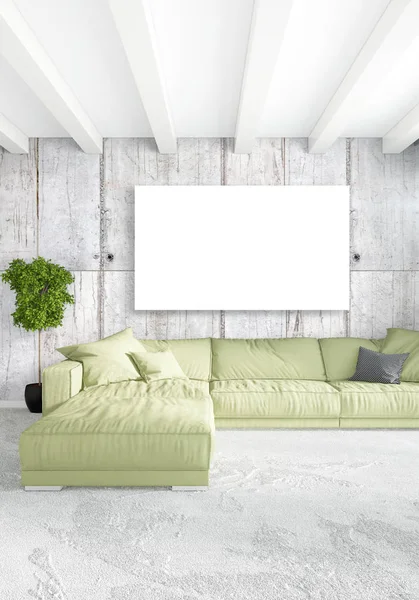 Beyaz yatak odası en az stil iç tasarım ahşap duvar ve gri Kanepeli. 3D render. 3D çizim — Stok fotoğraf