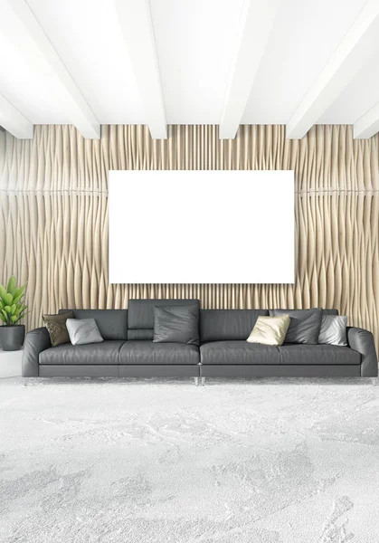 White bedroom minimal style Interior design with wood wall and grey sofa. 3D Rendering. 3D illustration — Stock Photo, Image
