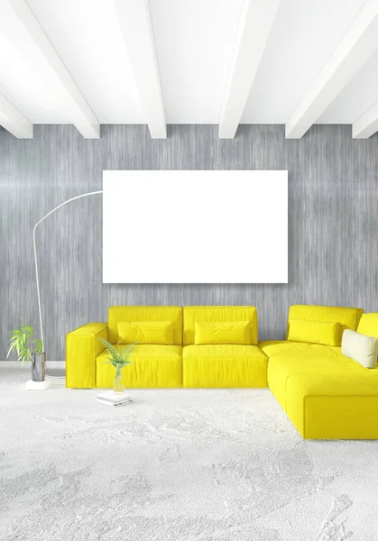 Beyaz yatak odası en az stil iç tasarım ahşap duvar ve gri Kanepeli. 3D render. 3D çizim