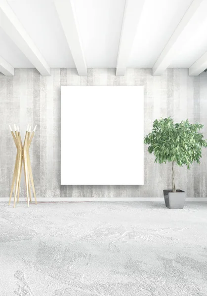 Beyaz yatak odası en az stil iç tasarım ahşap duvar ve gri Kanepeli. 3D render. 3D çizim