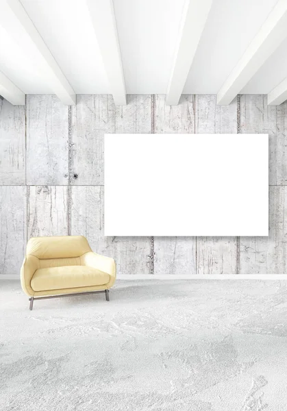 Beyaz yatak odası en az stil iç tasarım ahşap duvar ve gri Kanepeli. 3D render. 3D çizim