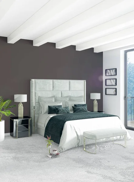 Beyaz yatak odası en az stil iç tasarım ahşap duvar ve gri Kanepeli. 3D render. 3D çizim