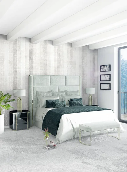 Beyaz yatak odası en az stil iç tasarım ahşap duvar ve gri Kanepeli. 3D render. 3D çizim