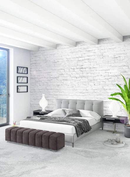 최소한의 스타일 화이트 침실 나무 벽과 회색 소파 인테리어 디자인. 3d 렌더링입니다. 3 차원 일러스트 레이 션 — 스톡 사진