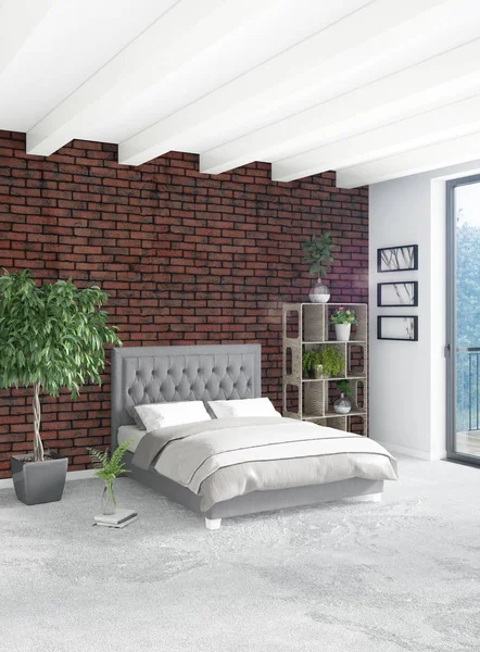 Fehér hálószoba minimál stílusú belső kialakítással és fából készült fal és a kanapé szürke. 3D-leképezést. 3D-s illusztráció — Stock Fotó