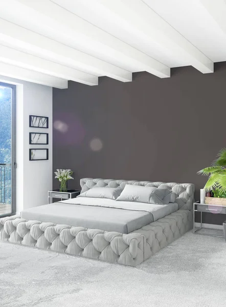 Beyaz yatak odası en az stil iç tasarım ahşap duvar ve gri Kanepeli. 3D render. 3D çizim