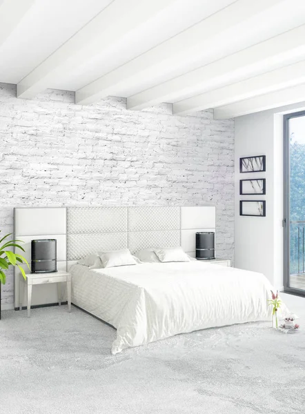 Dormitorio blanco de estilo minimalista Diseño interior con pared de madera y sofá gris. Representación 3D. Ilustración 3D —  Fotos de Stock