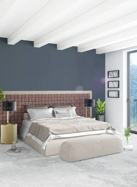 Beyaz yatak odası en az stil iç tasarım ahşap duvar ve gri Kanepeli. 3D render. 3D çizim