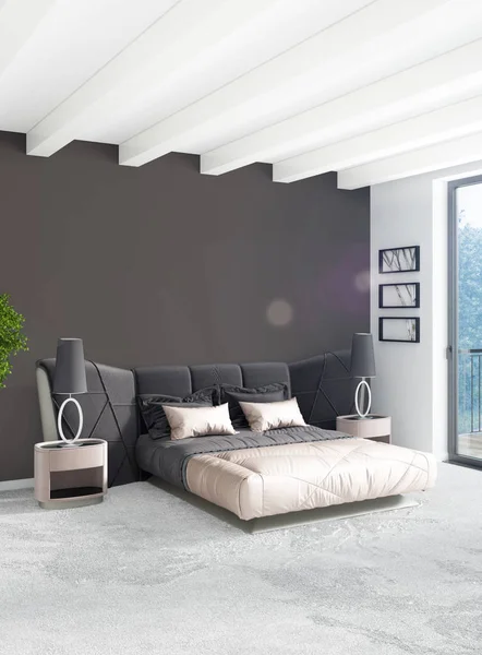 Dormitorio blanco de estilo minimalista Diseño interior con pared de madera y sofá gris. Representación 3D. Ilustración 3D — Foto de Stock