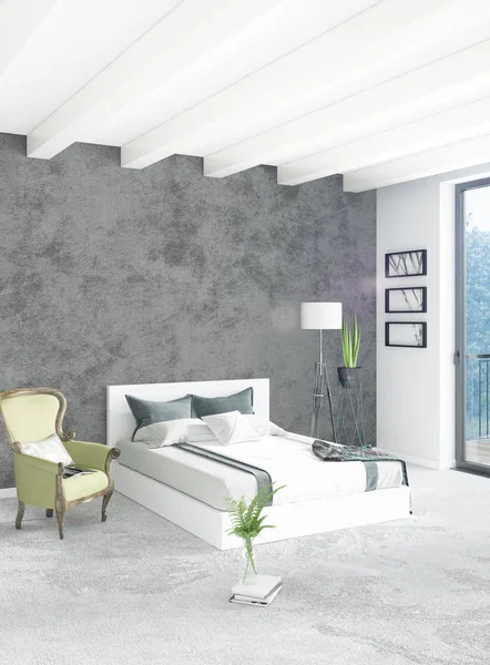 Beyaz yatak odası en az stil iç tasarım ahşap duvar ve gri Kanepeli. 3D render. 3D çizim