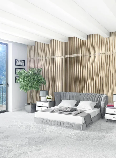 Beyaz yatak odası en az stil iç tasarım ahşap duvar ve gri Kanepeli. 3D render. 3D çizim